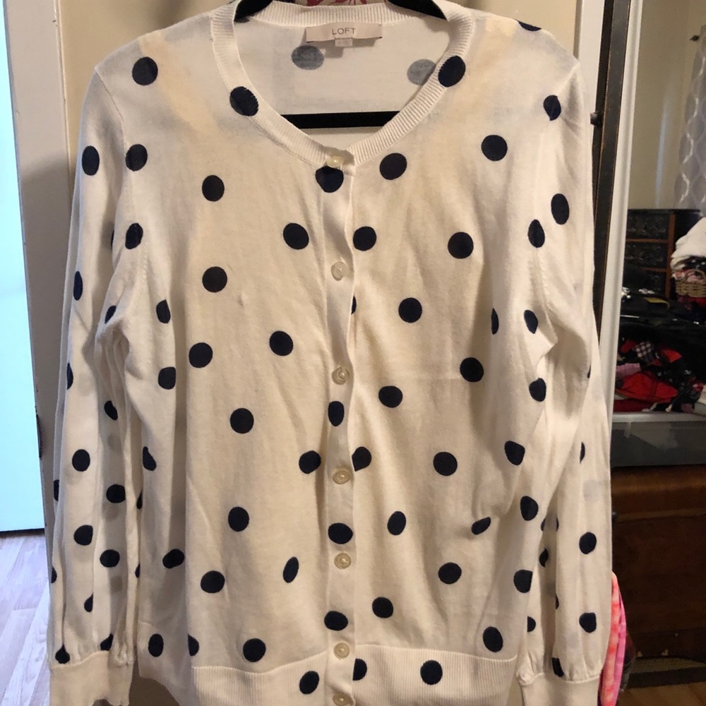 Loft: White with navy blue polka dot cardigan
